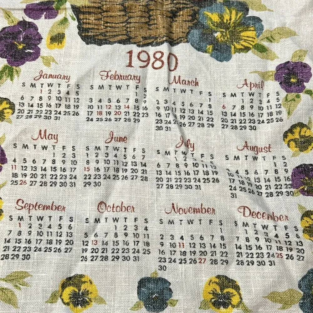 Vintage 1980 calendar with pansies tea towel